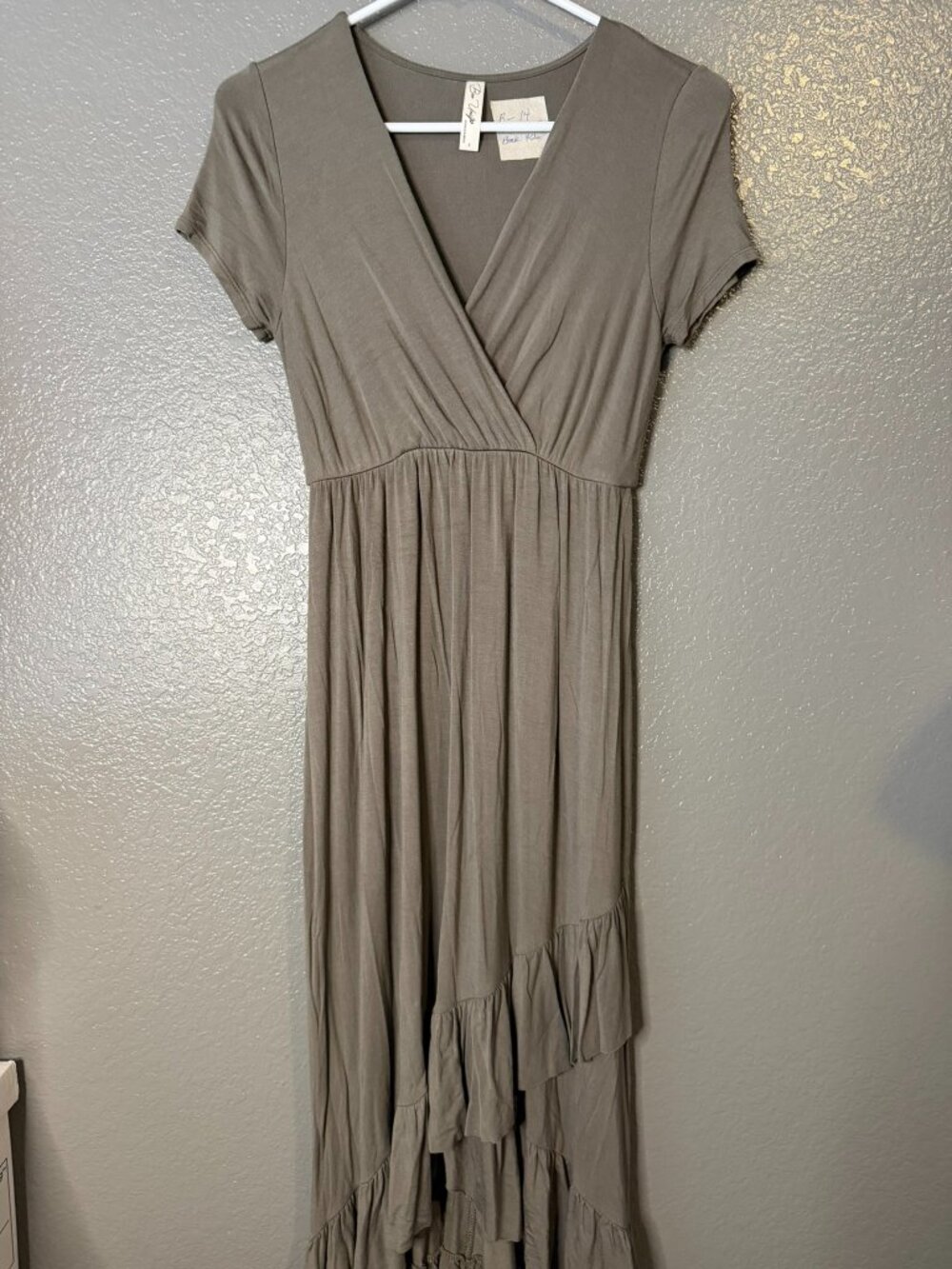 Be Cool Womens Small Taupe Wrap Maxi Dress High Low Ruffle Hem Boho